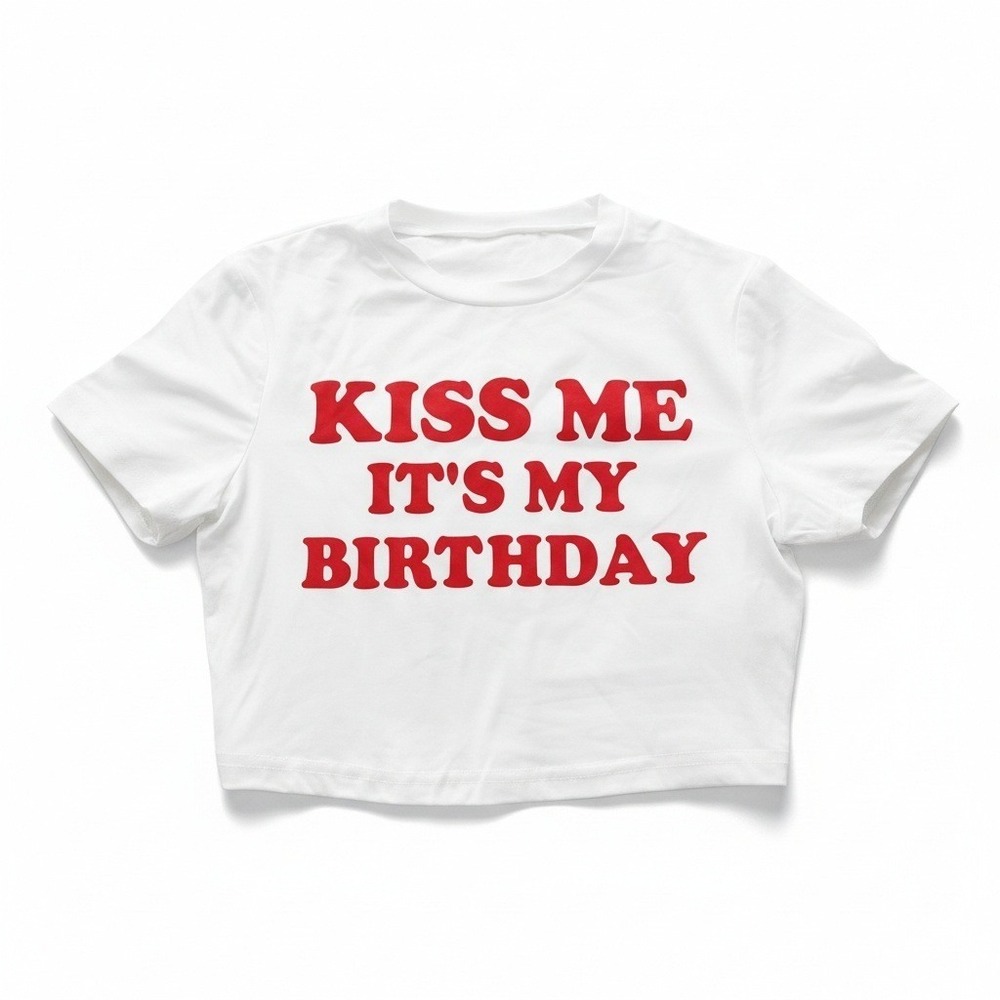 New Medium "Kiss Me Its My Birthday" White Red Crop Top Short Sleeve T Shirt